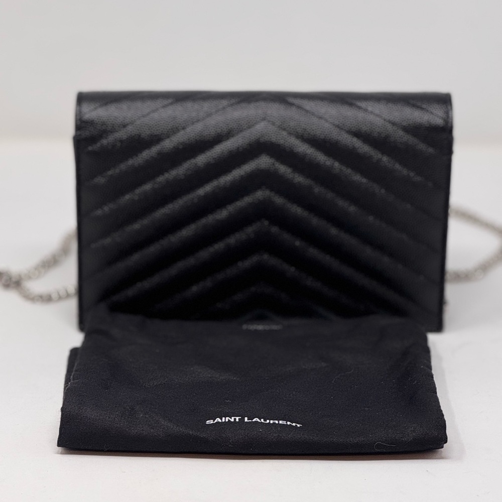 💯💎Authentic💎 Saint Laurent Calfskin Envelope Black Leather Wallet On Chain - Picture 6 of 13